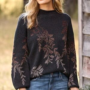 Garnet Hill Shimmering Vine Sweater Merino Wool Jaquard Knit Relaxed Fit Large